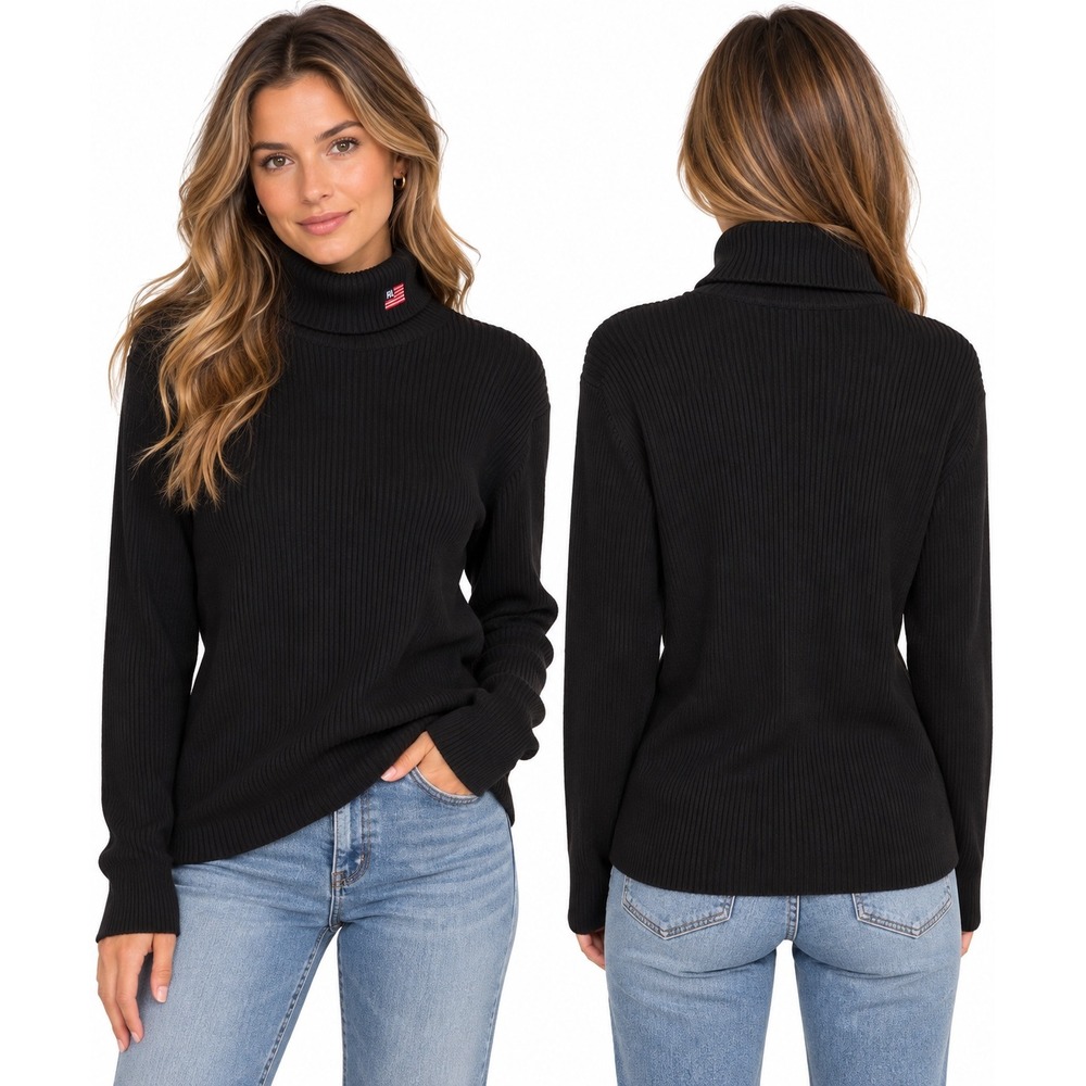 Polo Jeans Co Ralph Lauren Black Ribbed Turtleneck Sweater Cotton Flag Logo XL